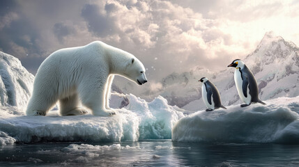 Naklejka premium Exploring the Frozen World of Penguins and Polar Bears Together
