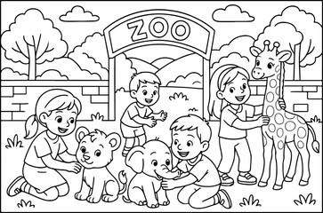 Fototapeta premium hand drawn vector doodle illustration of fairy tale characters in the zoo coloring page for kids line art
