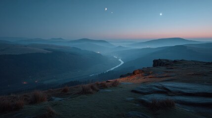 Naklejka premium Mountain vista at dusk. A river winds through the valley, framed by gentle hills. The moon and a star shine in the evening sky.