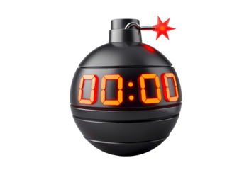 Black grenade with digital timer isolated on transparent background