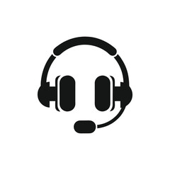 Black headset with a microphone is prominently displayed against a white backdrop