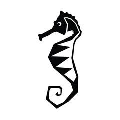 A stylized black seahorse illustration with geometric shapes on a white background design element