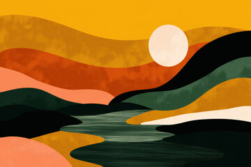 Minimal sunset landscape with river, abstract geometric pattern, warm yellow orange green hills, modern nature background, creative artistic composition, stylish tranquil scene, boho wall art i