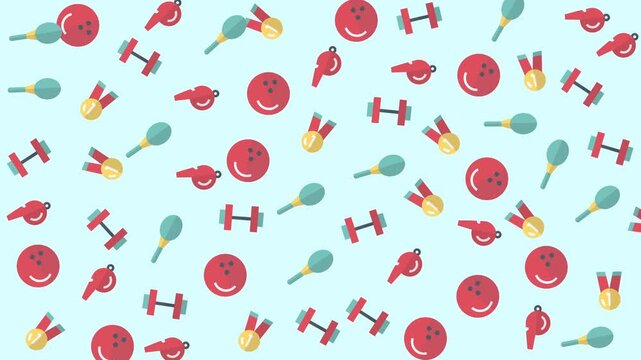 Seamless Pattern of Fitness Icons with Happy Faces and Dumbbells on Light Blue Background Illustration