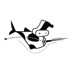 An abstract black and white illustration of a fish with batteries and a needle like object attached