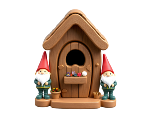 Two gnomes guarding a wooden fairy house isolated on transparent background