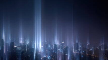 Global financial hub at night with glowing data streams,