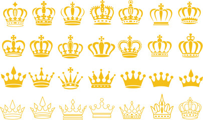 Crown set icons, collection different crown sign, silhouette crown symbolGolden crowns for royalty and decoration design, Elegant gold crown illustrations for luxury themes. © Graphic asset