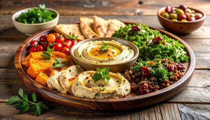 Delicious appetizer platter with hummus pita bread and fresh vegetables