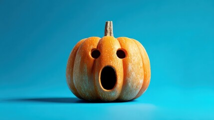 colorful halloween pumpkin with a surprised expression on a bright blue backdrop