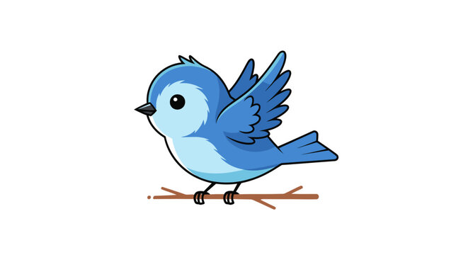 A cartoon bluebird perched on a branch with wings slightly outstretched, set against a white background.