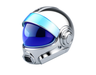 Futuristic silver astronaut helmet with blue visor isolated on transparent background
