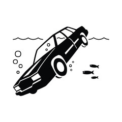 A black car submerged underwater with bubbles and fish swimming around in a white background scene