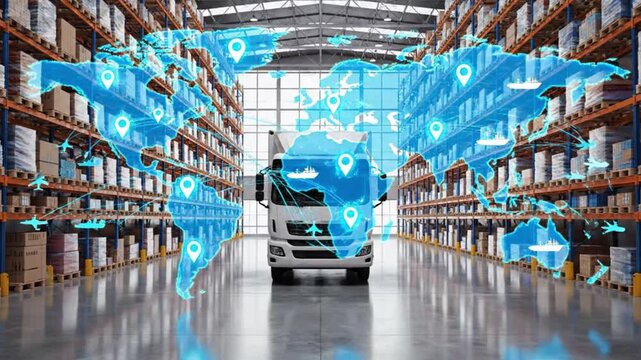 Global logistics network concept with smart transportation truck inside warehouse shelves representing worldwide supply chain management and digital distribution technology - Powered by Adobe