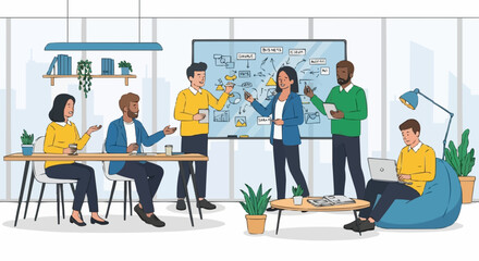 Diverse business team collaborating on project in modern office space.