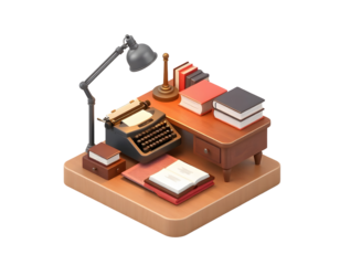 Vintage writer s desk with typewriter and books isolated on transparent background