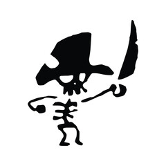 A black and white drawing of a skeleton pirate with a sword and a hat on a white background