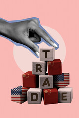 Sketch image zine art pop trend collage of human hand hold wooden cube trade war america china problem embargo conflict