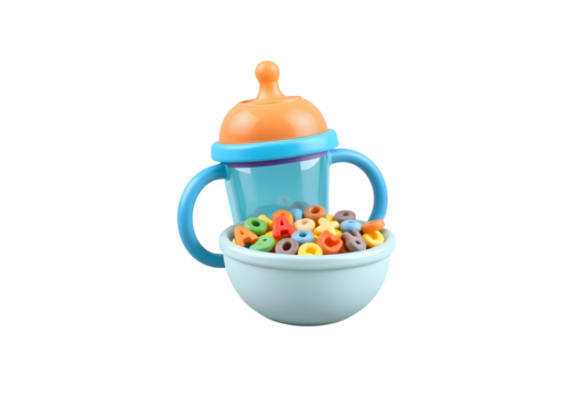 Baby bottle and bowl of colorful cereal isolated on transparent background - Powered by Adobe
