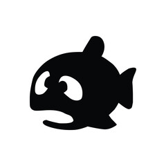 A black silhouette of a cartoon fish with large eyes and a surprised expression on a white background