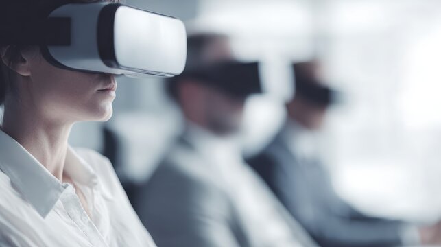 Business strategy meeting using VR headsets, creative technology,