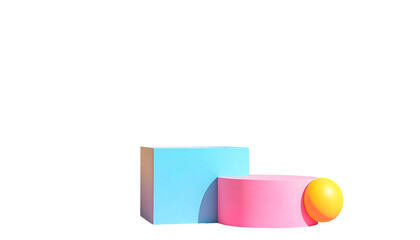 Geometric shapes, light blue cube and pink cylinder, with yellow sphere, on black background