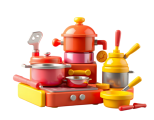 Colorful toy kitchenware set isolated on transparent background