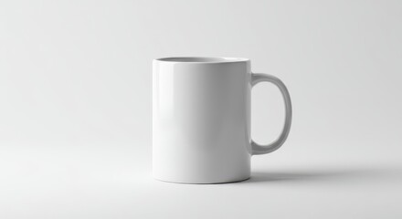 Fototapeta premium A plain white ceramic coffee mug sits centered and alone on a stark white background, emphasizing simplicity and negative space for design concepts, studio shot, morning, basic