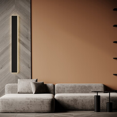 Modern stylish lounge living room with cozy sofa. Accent wall paint background as mockup for art or decor. Trend mocha mousse brown color palette with gray furniture. Premium minimal scene. 3d render