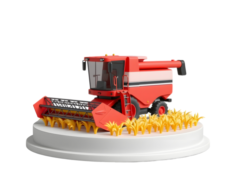 Red combine harvester cake decoration isolated on transparent background