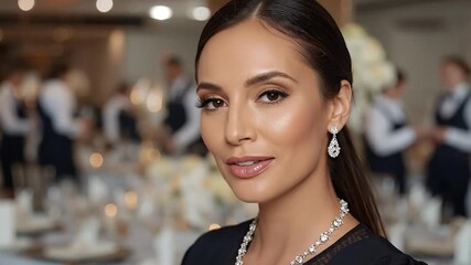 Elegant Woman in Pearls and Diamonds at Formal Event, Her Radiant Smile and Sophisticated Style Gracing a Luxury Setting