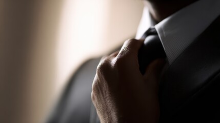 Man in suit adjusting tie before business meeting, confidence and power,