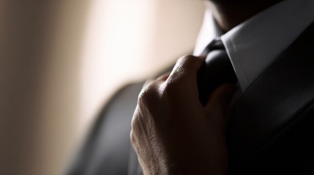 Man in suit adjusting tie before business meeting, confidence and power,