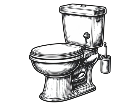 Toilet bowl and tank in vintage engraving style detailed bathroom fixture illustration isolated on white background