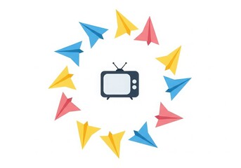 Vintage television surrounded by colorful paper airplanes isolated on white background