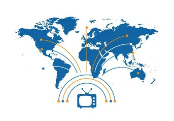 Global television broadcasting network with worldwide connectivity map isolated on white background