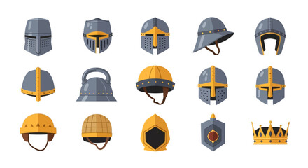 Obraz premium An array of 15 cartoon medievalstyle helmets and one crown