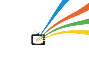 Vintage television with colorful light beams radiating outward isolated on white background