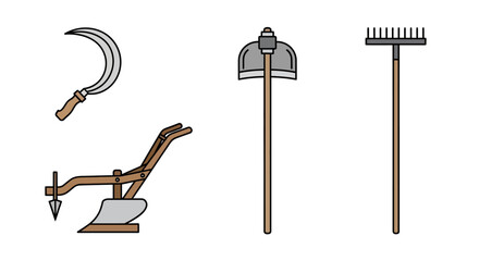 Four farming tools are displayed a sickle plow hoe and rake