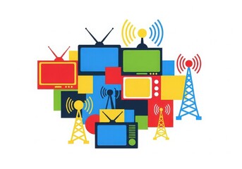 Colorful digital communication icons with tvs, signals, and antennas on white