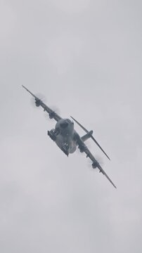 A400 M ATLAS military transport plane during flight with sharp turns