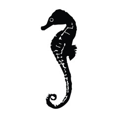 A silhouette of a seahorse with a curled tail and distinctive body shape on a white background