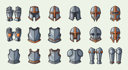 Illustration of 15 pieces of grey armor including helmets chest pieces and gauntlets arranged on a light background