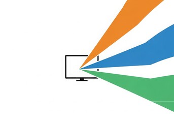 Modern computer monitor with colorful light rays isolated on white background