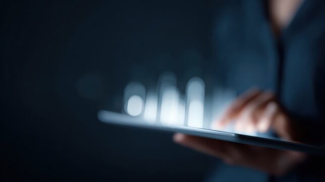 Businesswoman holding digital tablet with glowing analytics,