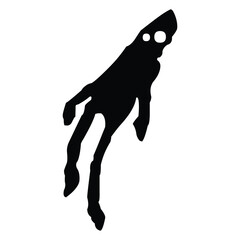 A black silhouette of an alien like figure with long legs and large eyes on a white background image