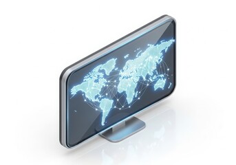 Modern computer monitor displaying glowing world map network isolated on white background