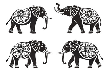 Fototapeta premium Minimalist mandala elephant icon set with geometric patterns