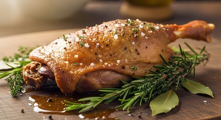 Closeup of a delicious duck confit leg garnished with herbs and salt on a wooden board, ready to eat