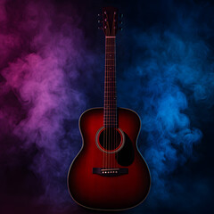 Acoustic guitar isolated in colorful smoke background, professional musical instrument photography. Wooden string guitar in dramatic studio lighting, sound music art concept, dark moody atmosphere, cr